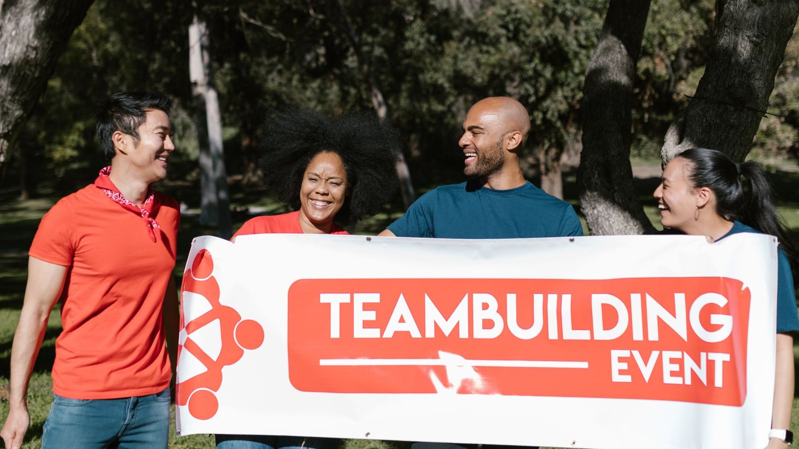 Corporate services team participating in outdoor team-building activity